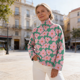 Floral Print Knit Turtleneck Sweater with Wide Sleeves