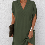 Draped V-Neck Shift Mini Dress with Split Sleeves