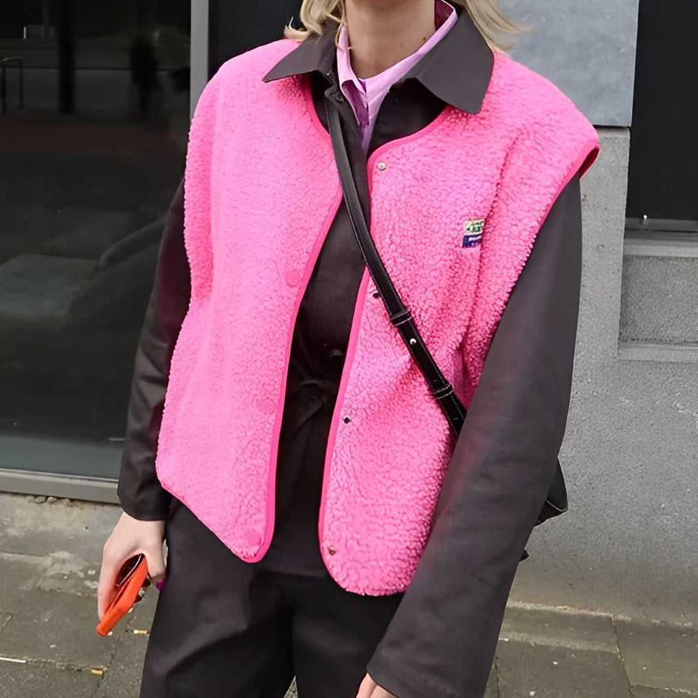 Women's Fleece Vest with Button Front Sleeveless Design and Textured Teddy Finish for Fall