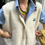 Women's Fleece Vest with Button Front Sleeveless Design and Textured Teddy Finish for Fall
