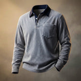 Ribbed Long Sleeve Polo Shirt with Button Front and Chest Pocket