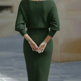 Bodycon Midi Dress with Cowl Neck and Batwing Sleeve