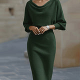 Bodycon Midi Dress with Cowl Neck and Batwing Sleeve