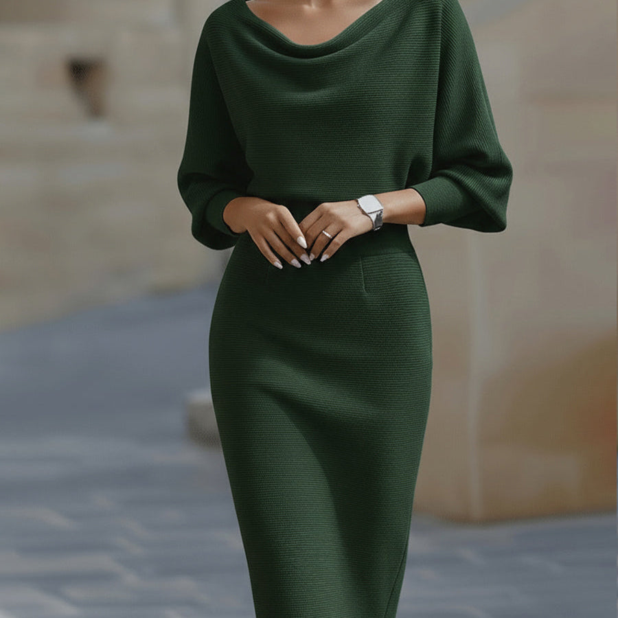 Bodycon Midi Dress with Cowl Neck and Batwing Sleeve