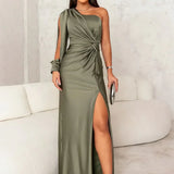 Ruched Satin Maxi Dress with One-Shoulder Neckline and Side Slit