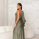Ruched Satin Maxi Dress with One-Shoulder Neckline and Side Slit