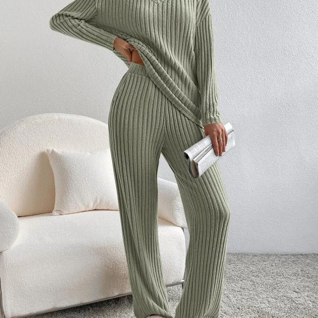 Two-Piece Ribbed Knit Set with V-Neck Sweater and Wide-Leg Pants