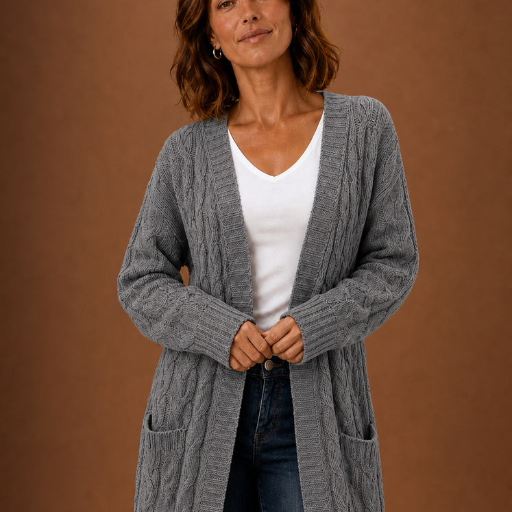 Longline Cable Knit Cardigan with Open Front