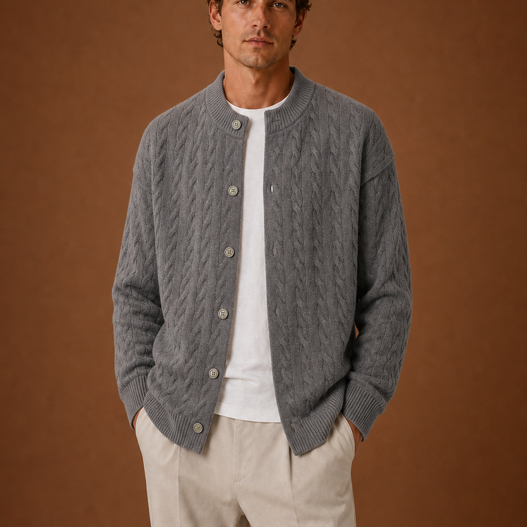 Crew Neck Cable Knit Button-Front Cardigan