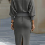 Bodycon Midi Dress with Cowl Neck and Batwing Sleeve