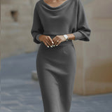 Bodycon Midi Dress with Cowl Neck and Batwing Sleeve
