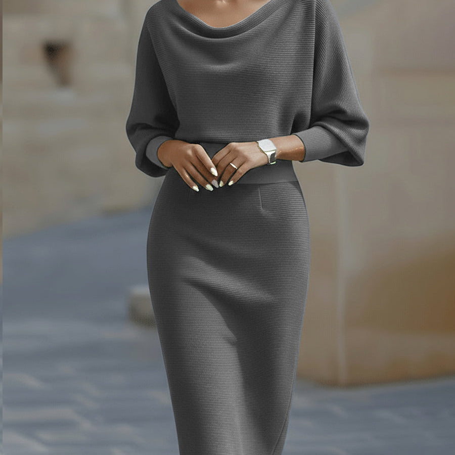 Bodycon Midi Dress with Cowl Neck and Batwing Sleeve