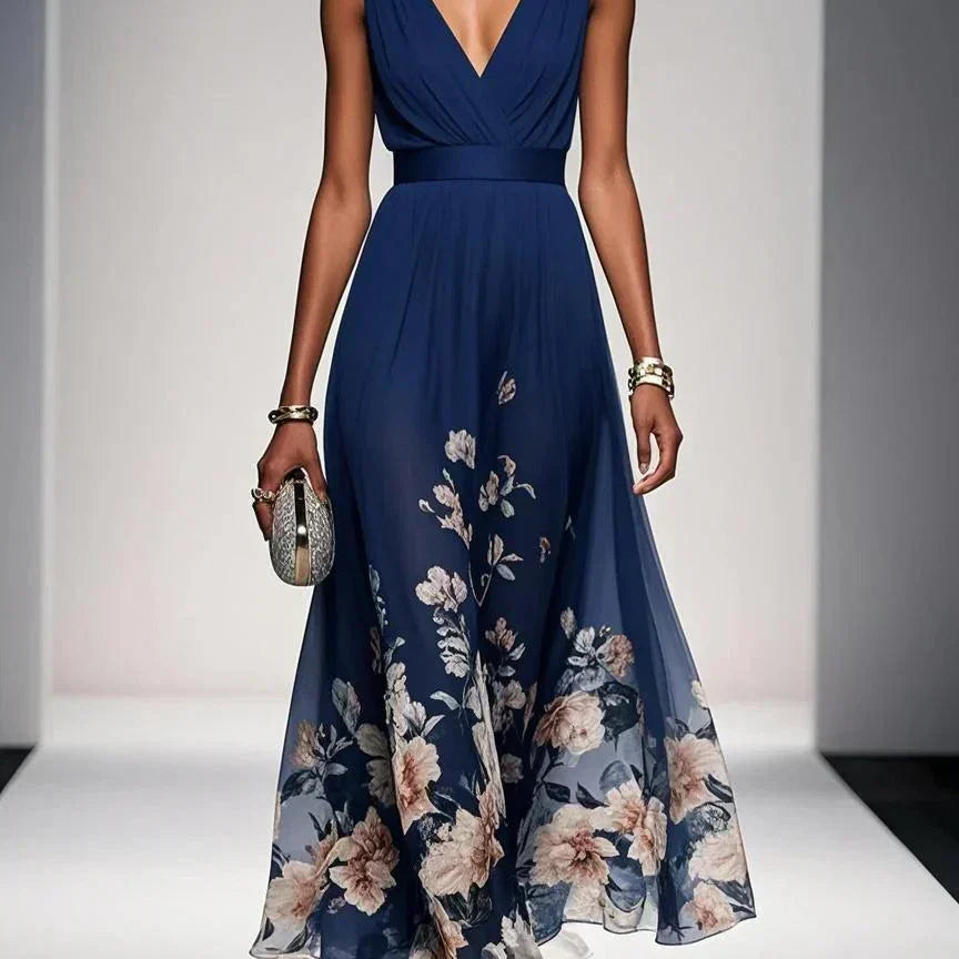 Floral Print Maxi Dress with Draped V-Neck