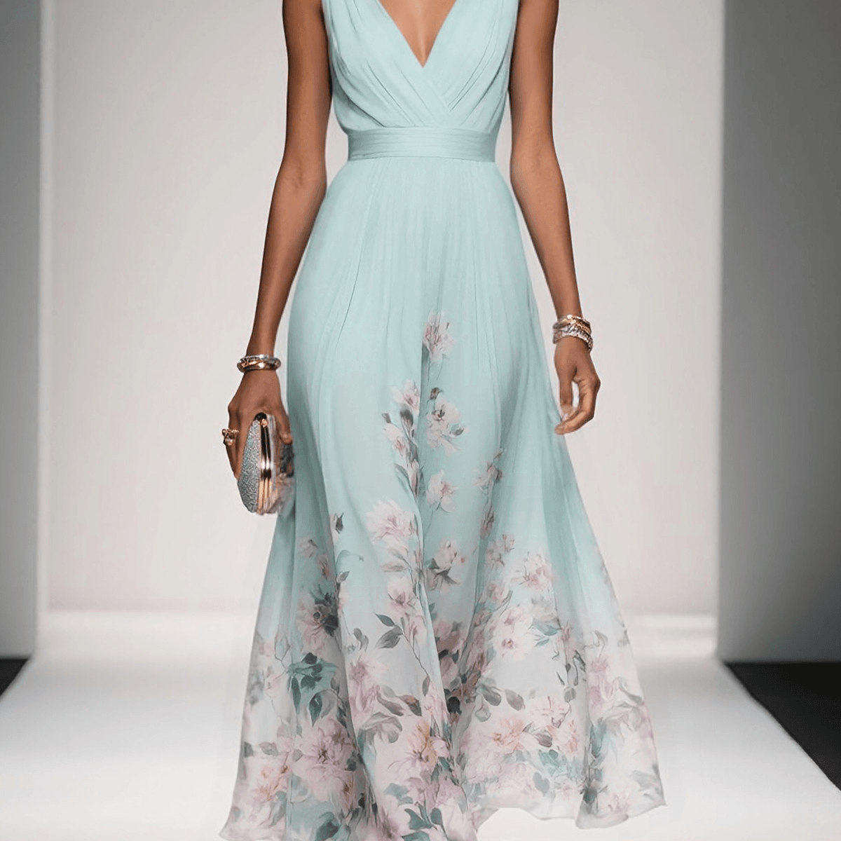 Floral Print Maxi Dress with Draped V-Neck