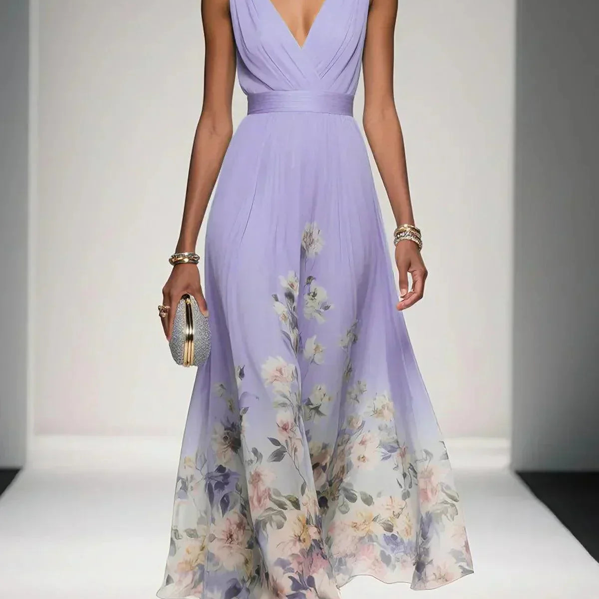 Floral Print Maxi Dress with Draped V-Neck