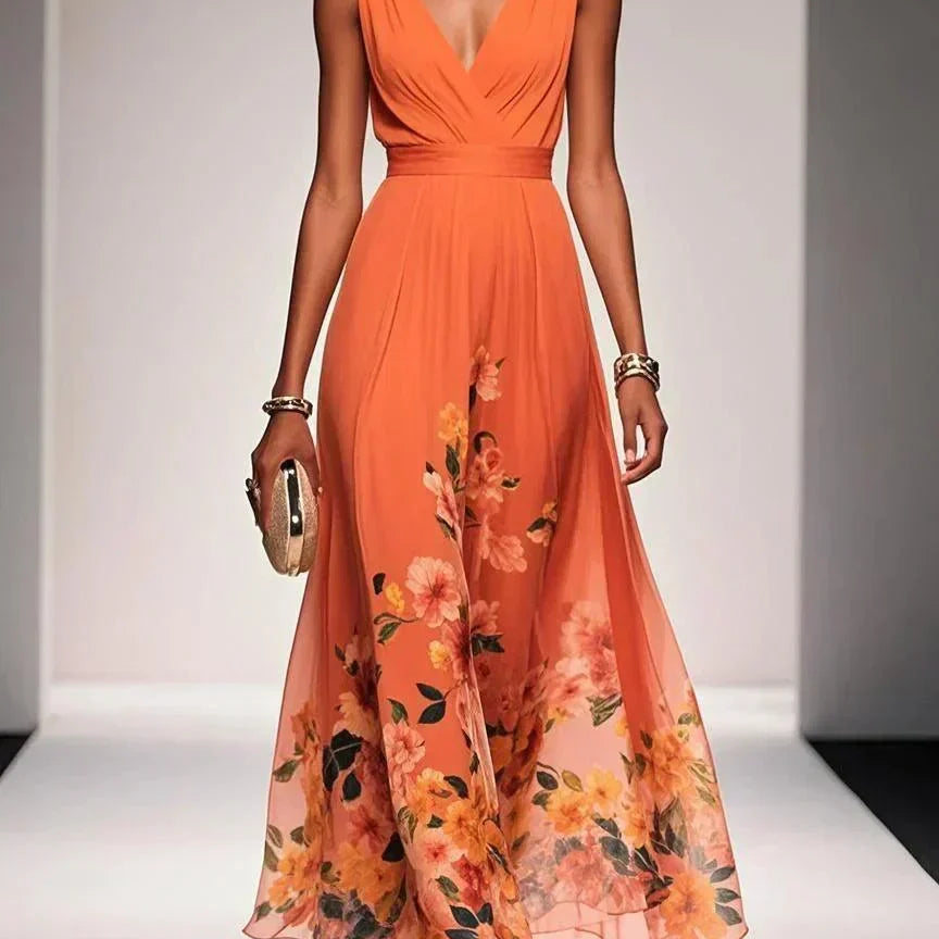 Floral Print Maxi Dress with Draped V-Neck