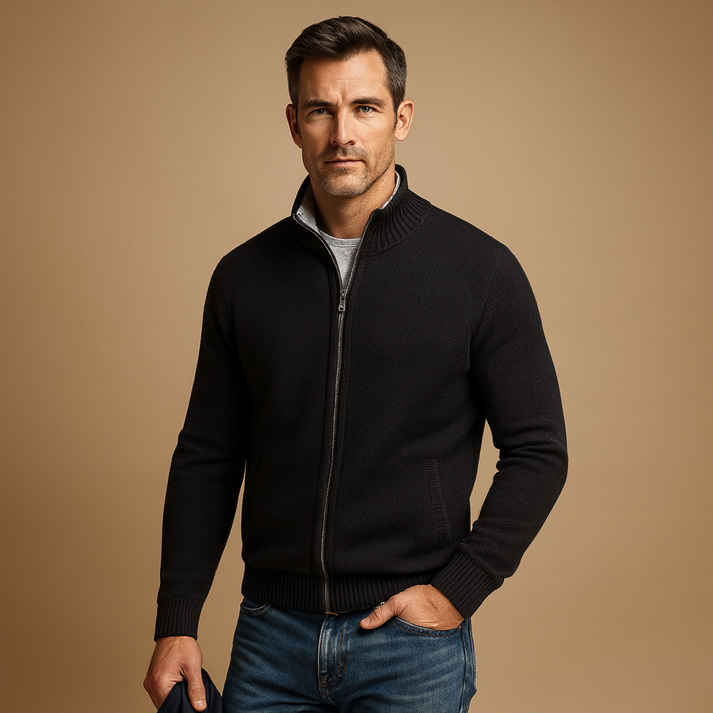Men's Full-Zip Knit Sweater with Stand Collar