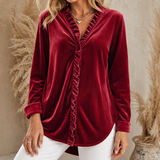 Velvet Blouse with Ruffle Trim and V-Neck