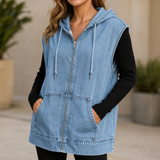 Denim Hooded Vest with Zip Front and Pockets