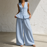 Wide-Leg Pants Set with V-Neck Top and Ruffle Hem