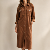 Corduroy Shirt Midi Dress with Button Front and Flap Pockets