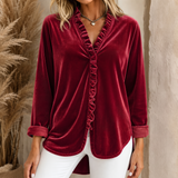 Velvet Blouse with Ruffle Trim and V-Neck