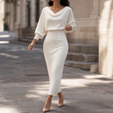 Midi Skirt Set with Cowl Neck Top and Batwing Sleeves