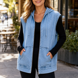 Denim Hooded Vest with Zip Front and Pockets
