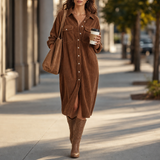 Corduroy Shirt Midi Dress with Button Front and Flap Pockets