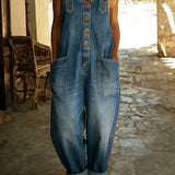 Wide-Leg Denim Jumpsuit with Button Front and Patch Pockets
