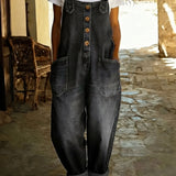 Wide-Leg Denim Jumpsuit with Button Front and Patch Pockets