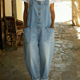 Wide-Leg Denim Jumpsuit with Button Front and Patch Pockets