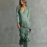 Fringe Tiered Maxi Dress with V-Neck and Puff Shoulder
