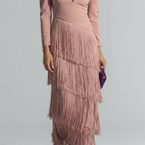 Fringe Tiered Maxi Dress with V-Neck and Puff Shoulder