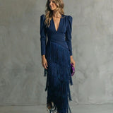 Fringe Tiered Maxi Dress with V-Neck and Puff Shoulder