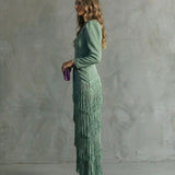 Fringe Tiered Maxi Dress with V-Neck and Puff Shoulder