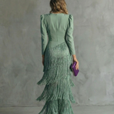 Fringe Tiered Maxi Dress with V-Neck and Puff Shoulder
