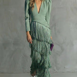 Fringe Tiered Maxi Dress with V-Neck and Puff Shoulder