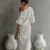 One-Shoulder Maxi Dress with Draped Front and Three-Quarter Sleeves