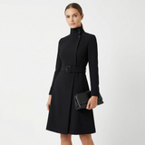 Tailored Belted Midi Coat Dress with High Neck