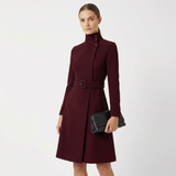 Tailored Belted Midi Coat Dress with High Neck