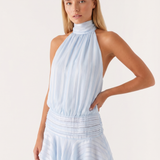 Halter Mini Dress with Pleated Waist and Ruffle Hem