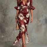 Ruched Satin Maxi Dress with V-Neck and Ruffle Hem