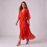 Wrap Midi Dress with Ruffled Hem and V-Neck