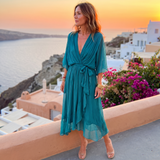 Wrap Midi Dress with Ruffled Hem and V-Neck