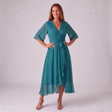 Wrap Midi Dress with Ruffled Hem and V-Neck