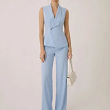 Sleeveless Shawl Collar Straight-Leg Pants Set
