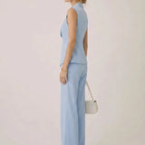 Sleeveless Shawl Collar Straight-Leg Pants Set