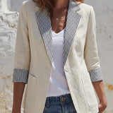 Contrast Trim Blazer with Striped Lapel and Patch Pockets