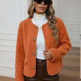 Sherpa Button-Front Jacket with Round Neck and Side Pockets